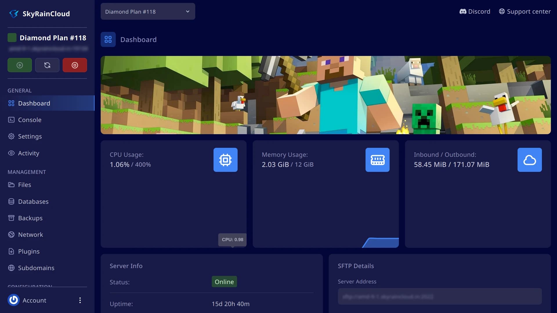 Game server dashboard showing CPU, memory and network usage